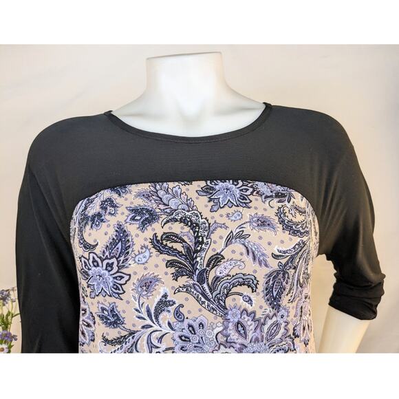 Roz & Ali Top Blouse Petite Small Purple Paisley Black Colorblock Stretch Boho - Picture 5 of 9